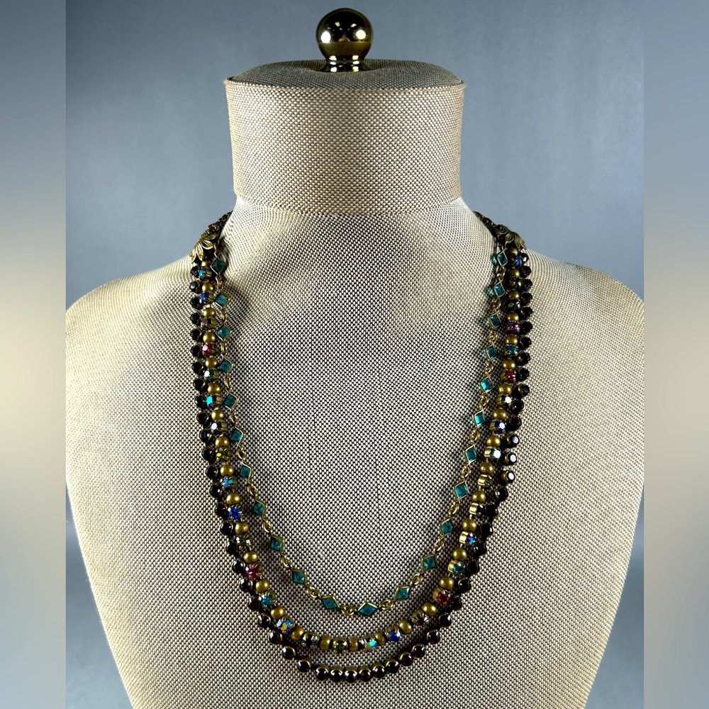 Sorrelli “Daydream” Triple Strand Statement Necklace in Golden Antique Brass.